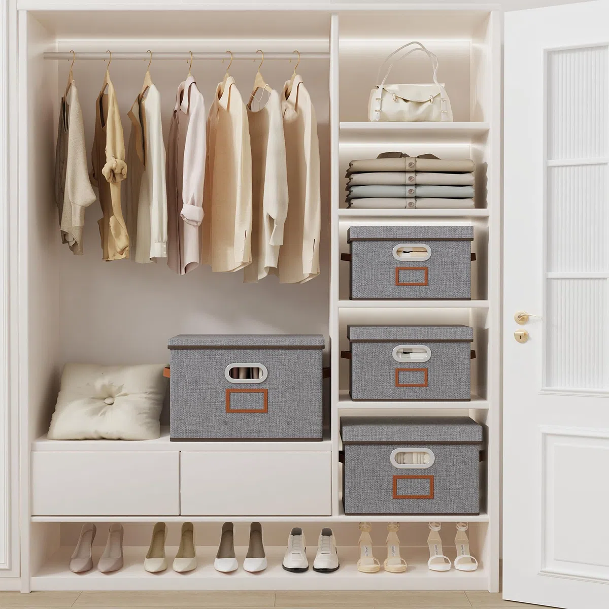 OUTBROS Scatole Portaoggetti con Coperchio, 38 x 25 x 25 cm Cesto Pieghevoli con Maniglie, Contenitori Armadio, Organizzatori per Vestiti (2 Pezzi, Grigio)