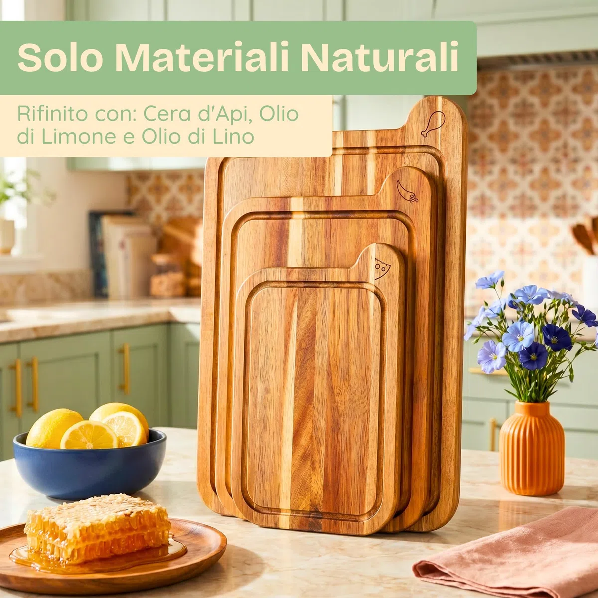 Taglieri Atossici – Set di Taglieri Privi di Olio Minerale, in Legno di Acacia FSC – Utensili da Cucina in Legno – Include 3 Pezzi. Di Ziruma
