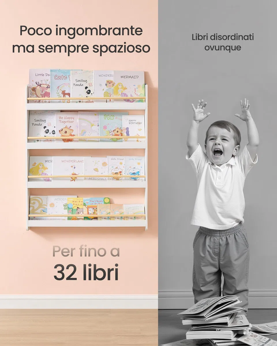 SONGMICS Libreria Montessoriana per Bambini, Scaffale per Giocattoli a 4 Ripiani, Libreria da Parete, Mobile per Cameretta Stanza dei Giochi, Bianco e Naturale GKR014W01