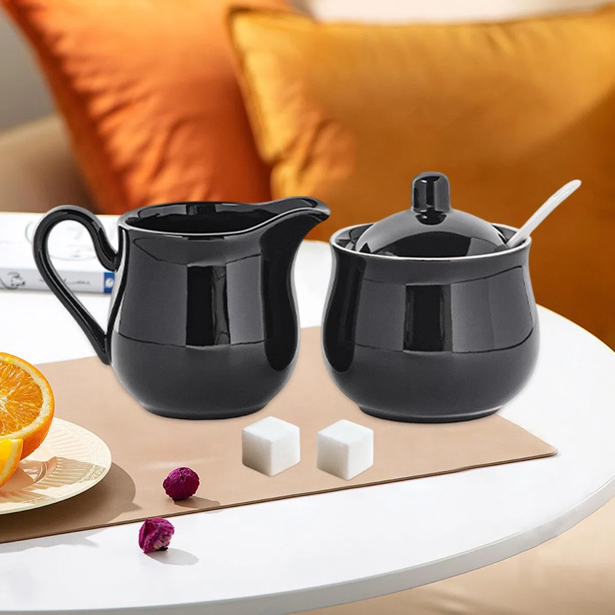 perfk Set di Zuccheriera e Lattiera in Ceramica, Zuccheriera Moderna con Coperchio e Cucchiaio, Saliera da Tavola, Robusto e Elegante, Set da Porta Sale Zucchero Caffè per Uuso Domestico, Nero