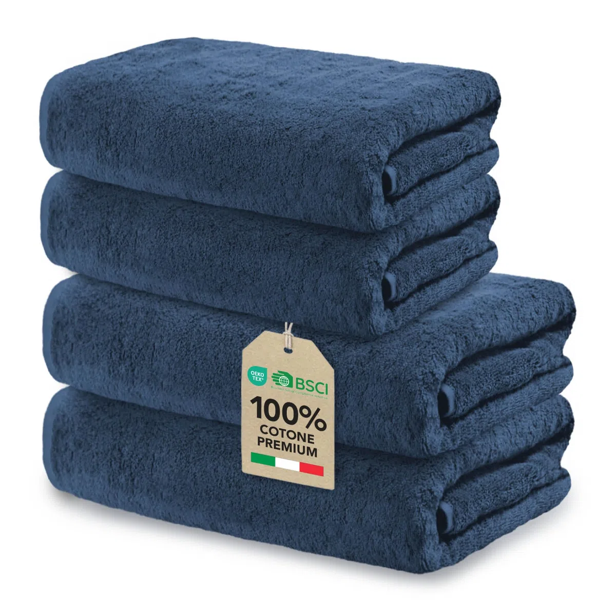 Ôhm Set Asciugamani Bagno 4 Pezzi in Cotone 500 g/m² Blu scuro OEKO-TEX Standard 100 – 2 Teli Doccia 70x140 + 2 Asciugamani Viso 50x100 – Morbidi e Assorbenti