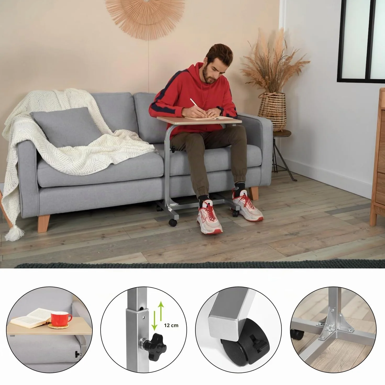 MEUBLE COSY Tavolino da Letto con 4 Ruote Comodino Altezza Regolabile Tavolo da Caffè Carrello in Legno Metallo per Soggiorno Camera da Letto Ufficio, Quercia
