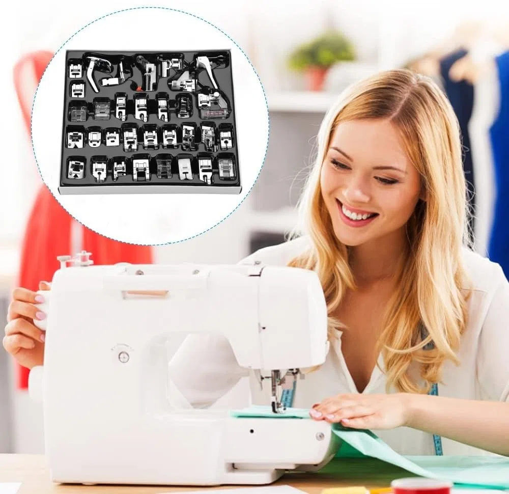 Zerodis Piedino Premistoffa Set, 32 Pezzi Piedini Cucire Combinato Parte Macchina Kit DIY Multifunzione Utensili Cucire Domestici per Singer Babylock Janome Elna Toyota New Home Simplicity Kenmo