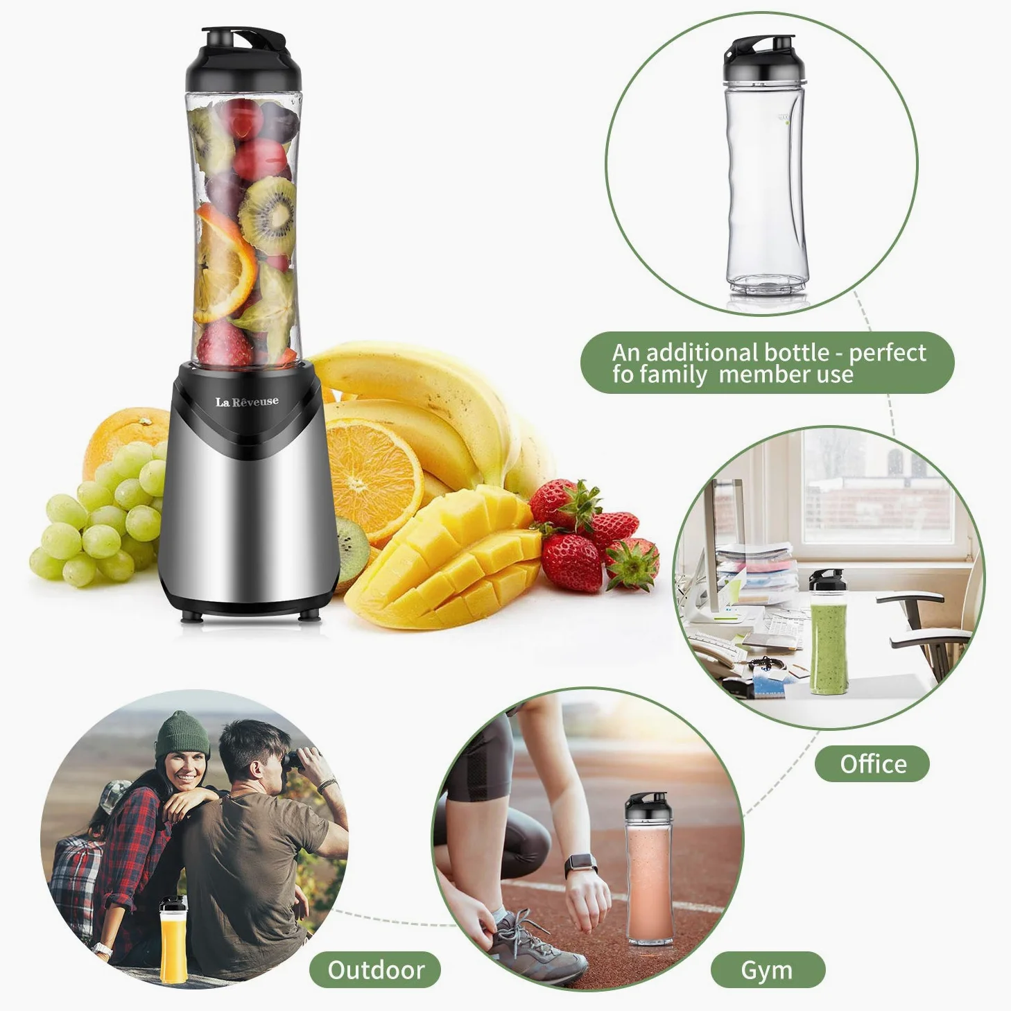 La Rêveuse Frullatore Personale Mini-size Blender con 2 Bottiglie Portatili 550ml,senza BPA,2 Coperchi da Viaggio,Mixer per Smoothie (Silver)