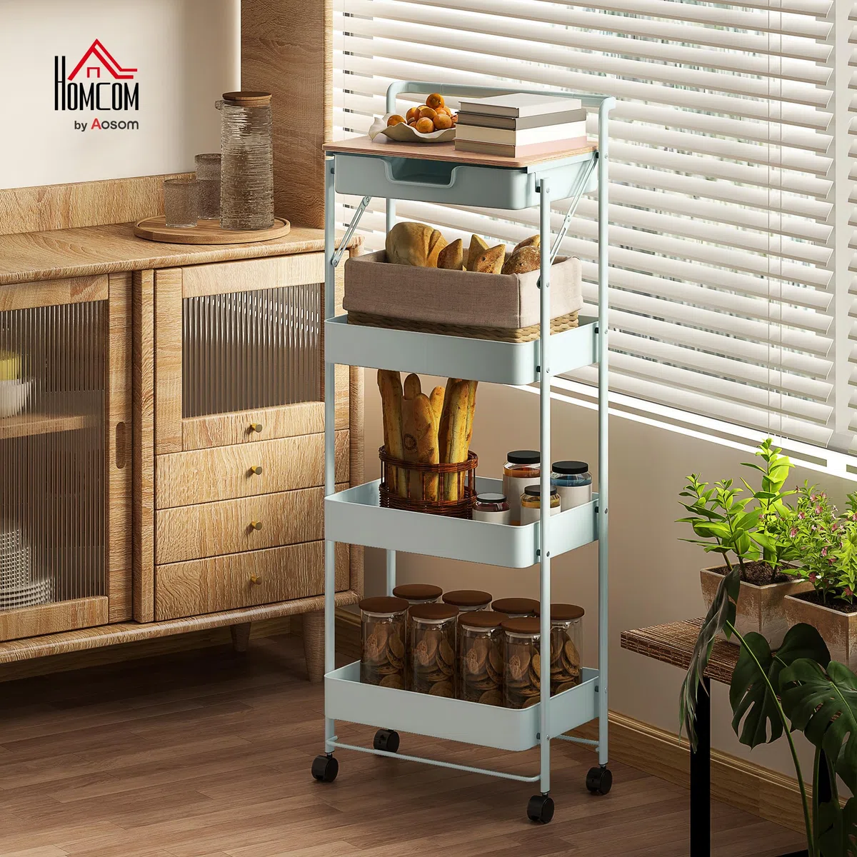 HOMCOM Carrello portaoggetti con ruote a 4 livelli, carrello con ruote con cassetto, vassoio e ceste, per cucina, soggiorno, bagno, ufficio, verde
