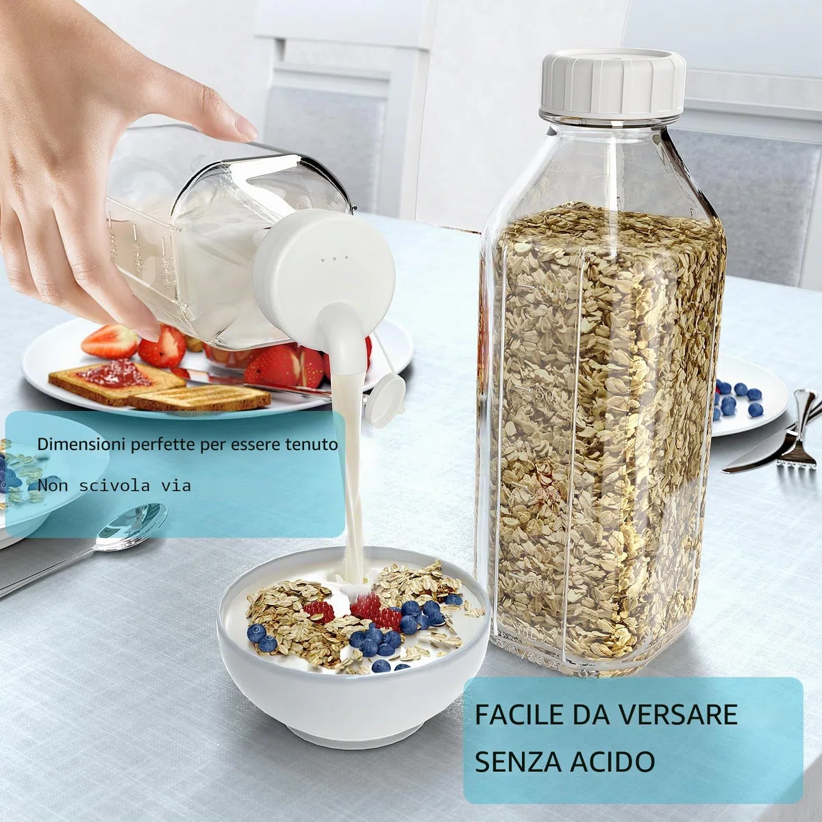 Absovetu Confezione da 2 bottiglie in vetro riutilizzabili con coperchio a vite ermetico, brocca per latte in vetro da 1 litro con beccuccio versatore, dispenser per bevande, succhi di frutta, latte,