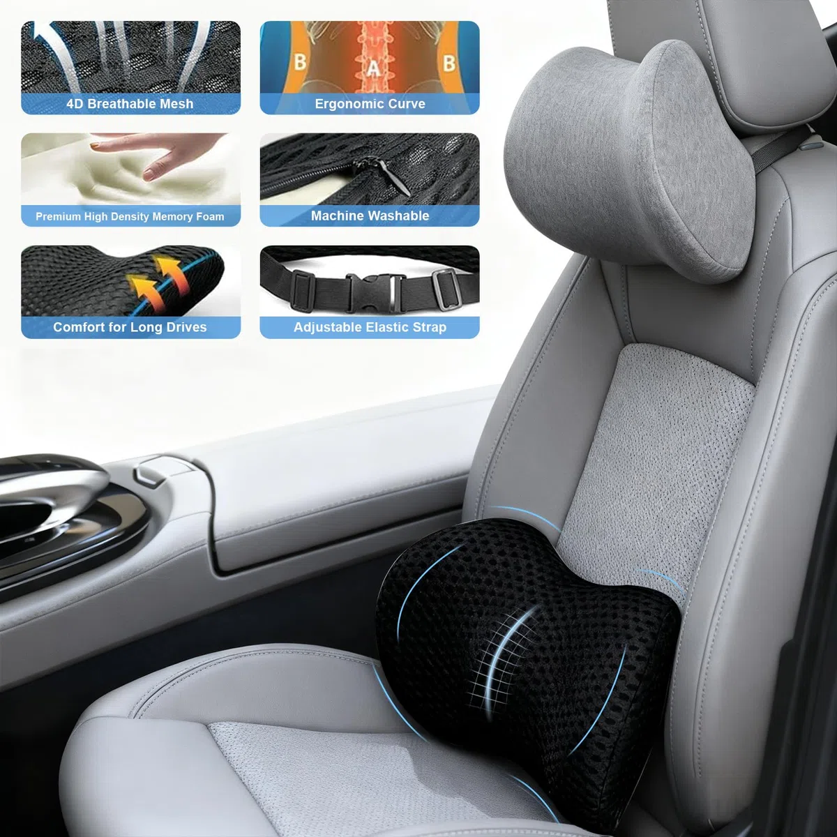 Cuscino Lombare Sedia Ufficio, Supporto Lombare per Auto Letto, Cuscino per Schiena Ergonomico In Memory Foam, Cinghia Regolabile per Divano, Rete Traspirante 4D, per Divano, Letto e Casa