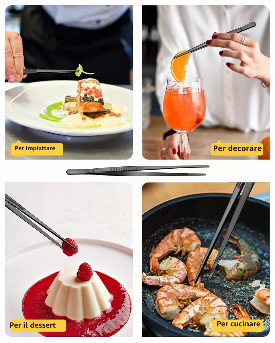 Set di 4 pinze fini da cucina, 30,5 cm e 25,4 cm, in acciaio INOX, per uso alimentare, pinze professionali lunghe, per cucina, riparazioni, frutti di mare e barbecue, colore: nero