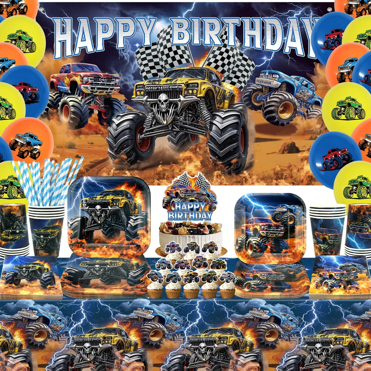 Monster Truck Decorazioni per feste di compleanno – Monster Truck accessori per feste tra cui sfondo, piatti, decorazioni per torte, bicchieri, tovaglioli, palloncini, tovaglia – per 20