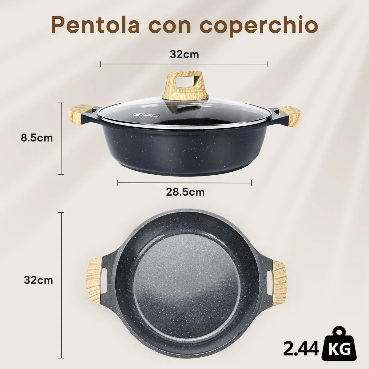 GiPP Tegami da 32 cm, Struttura in Alluminio Pressofuso, Pentola Bassa Antiaderente Ad Alte Prestazioni con Coperchio in Vetro, Tutti Fornelli y Induzione Senza PFOA