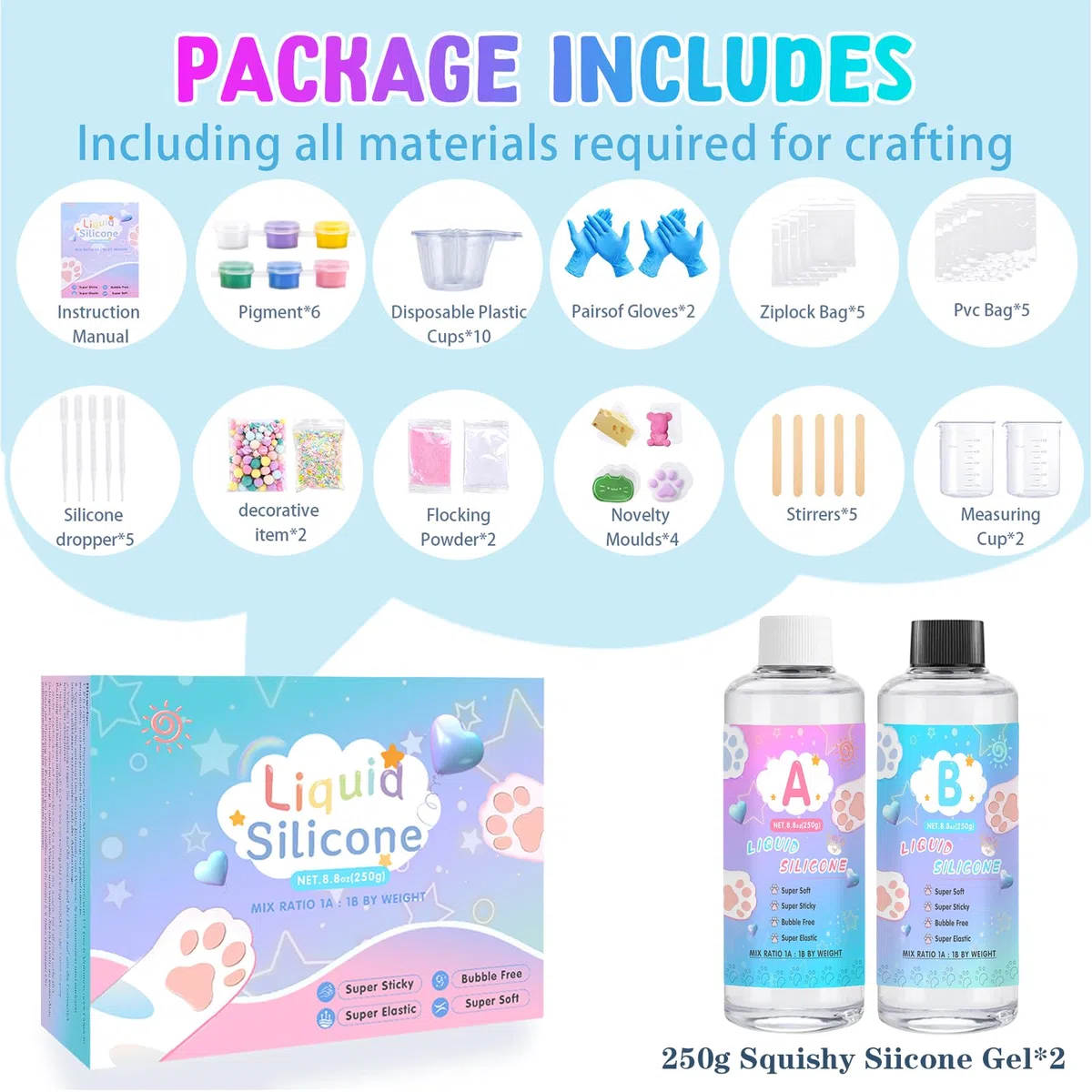 Kit per Creare Squishy in Silicone Liquido,Taba Squishy Kit,Gel per Creare I Tuoi Squishie, Senza Bolle e Asciugatura Rapida,con Piccolo Orso,Zampa di Gatto, Stampi per Formaggio, Divertente