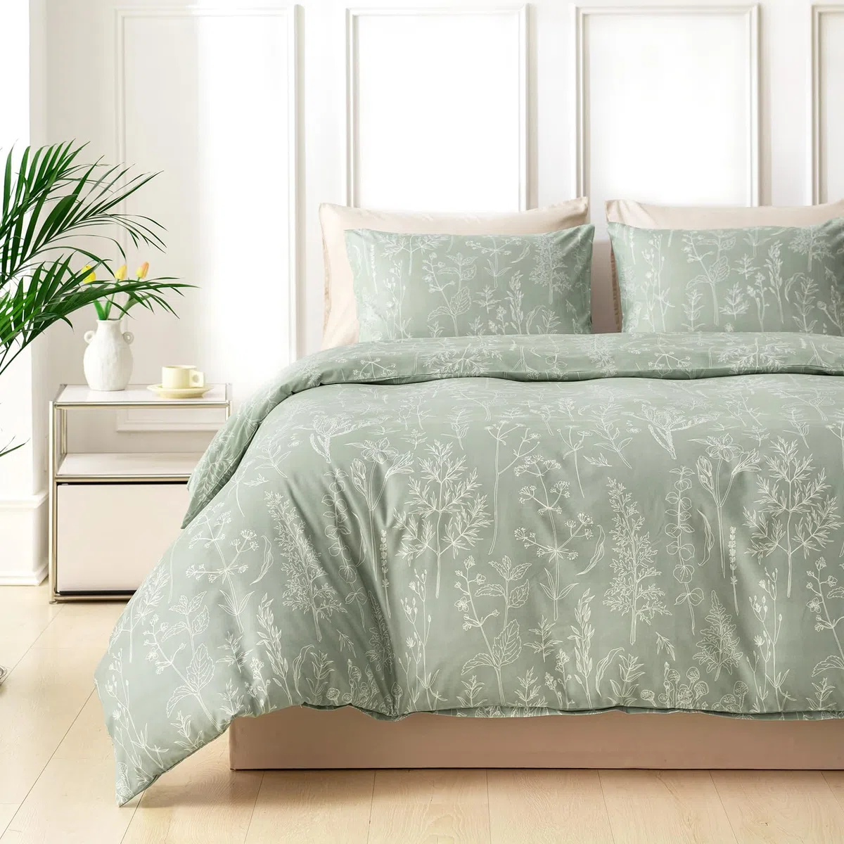 Tokokimo Set Copripiumino Matrimoniale 240x220 cm 100% Microfibra Stile Rami e Foglie Dipinti a Mano, Copripiumone Morbido e Resistente Alle Rughe, 1 copripiumini + 2 Federa 50x80, Verde Salvia