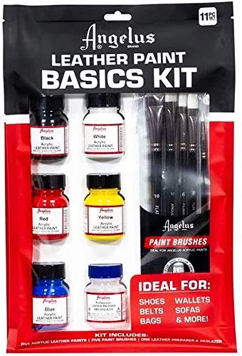 Set di pittura acrilica Angelus, contiene 28 ml di flaconi Nero, Bianco, Rosso, Blu, Giallo e Preparatore, set di 5 pennelli (799-01-KIT)