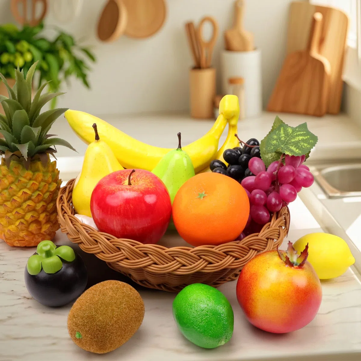 13 frutti artificiali realistici, decorazione per casa, feste, ananas, banana, uva, limone, arancia, mela, mangostano, melograno, pera, ornamento combinazione