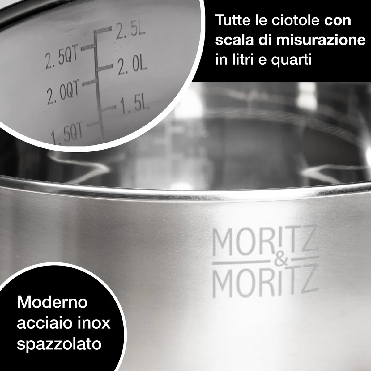 Moritz & Moritz Set 5 Ciotole in Acciaio Inox con Coperchi - Ciotole Impilabili Antiscivolo per Mescolare, Servire e Preparare, Ciotole da Insalata, Ciotole da Cucina Resistenti per Uso Quotidiano