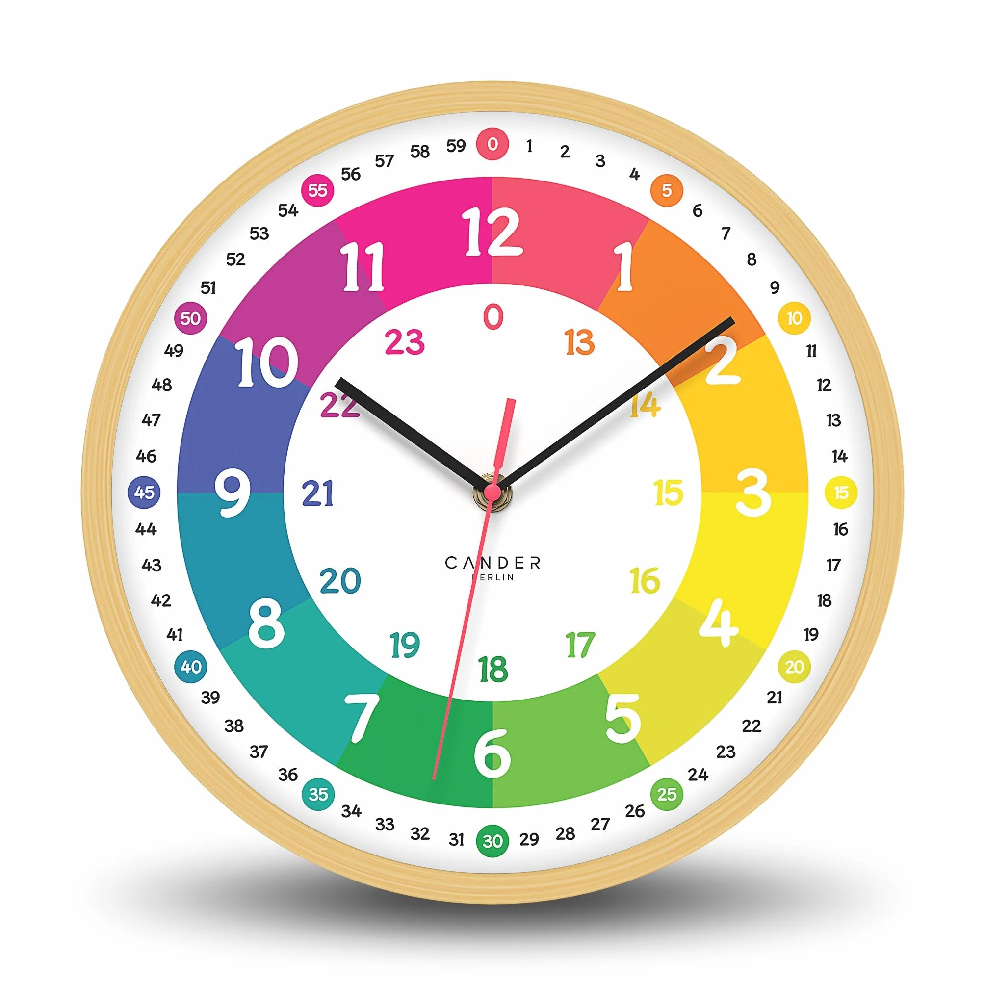 Cander Berlin MNU 2425 R Orologio da parete per bambini, silenzioso, 25 cm, effetto legno, analogico, per ragazzi e ragazze, senza ticchettio, colorato