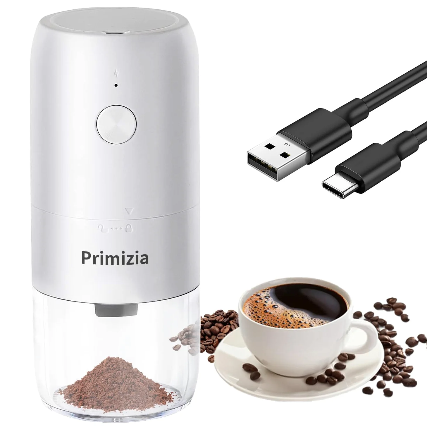 Primizia Macina Caffe' Elettrico Ricaricabile, Macina Caffè Granulometria Regolabile,Macinatura in Ceramica per Chicchi Di Caffè,Bianco (YMJ01-Bianco)