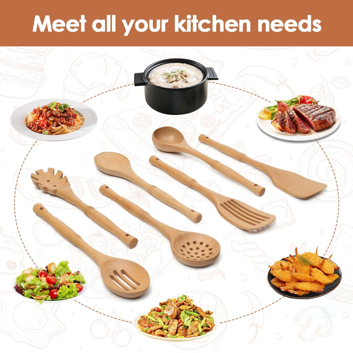 comfoyar Utensili da Cucina Set, 7 Pezzi Cucchiai di Legno per Cucinare Set con Spatola e Ladle, Resistente al Calore Mestoli in Legno per Pan Antiaderente-Faggio