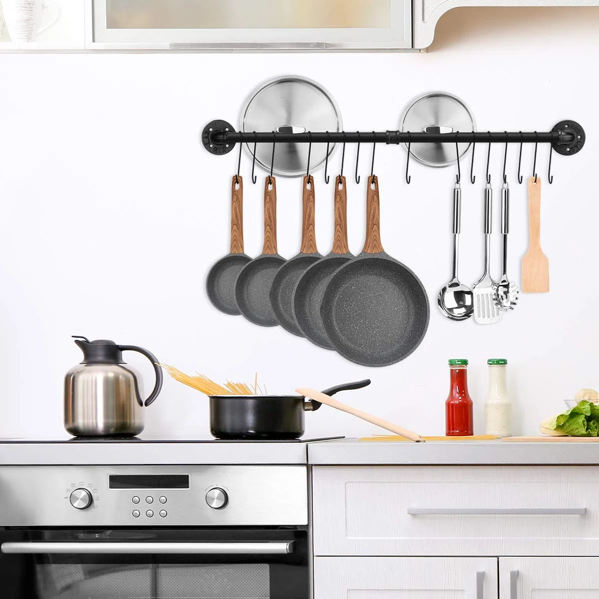 Toplife Porta Utensili da Cucina, Staffa di Montaggio a Parete 100cm e 16 Ganci Rimovibili, Nero