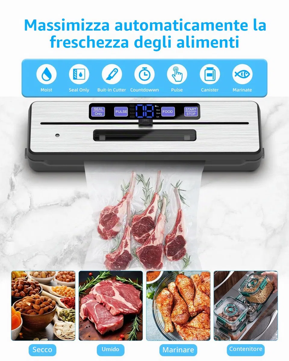 Carehabi Macchina Sottovuoto per Alimenti, Potente Macchina Sottovuoto con 6 Modalità, Sigillatrice Vacumm con Vaschetta Raccogli Gocce Rimovibile, Lama di Taglio e due Fili Riscaldanti