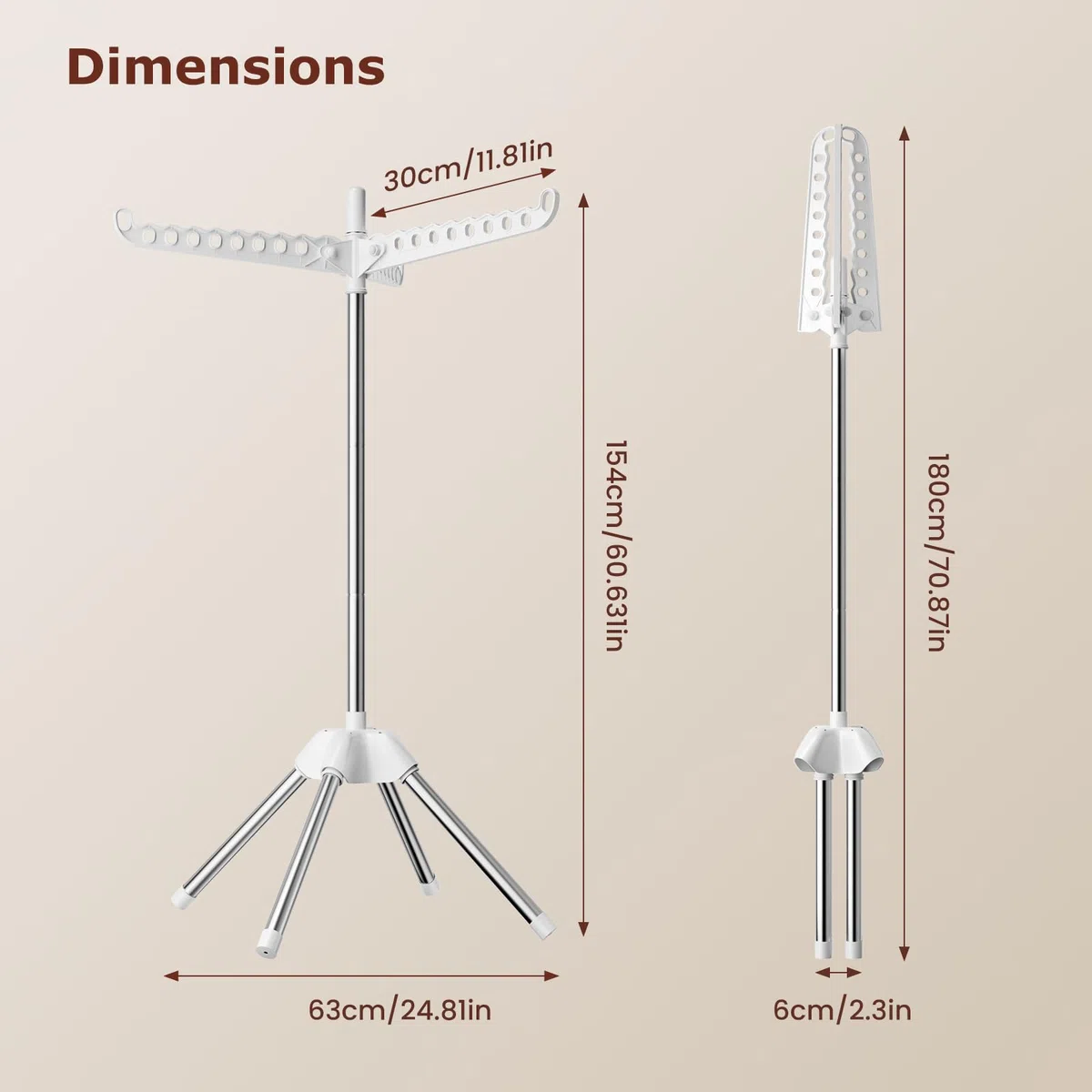 Abiglifty Stendibiancheria con 3 bracci girevoli, per interni, pieghevole, portabiancheria autoportante, altezza 154 cm, bianco