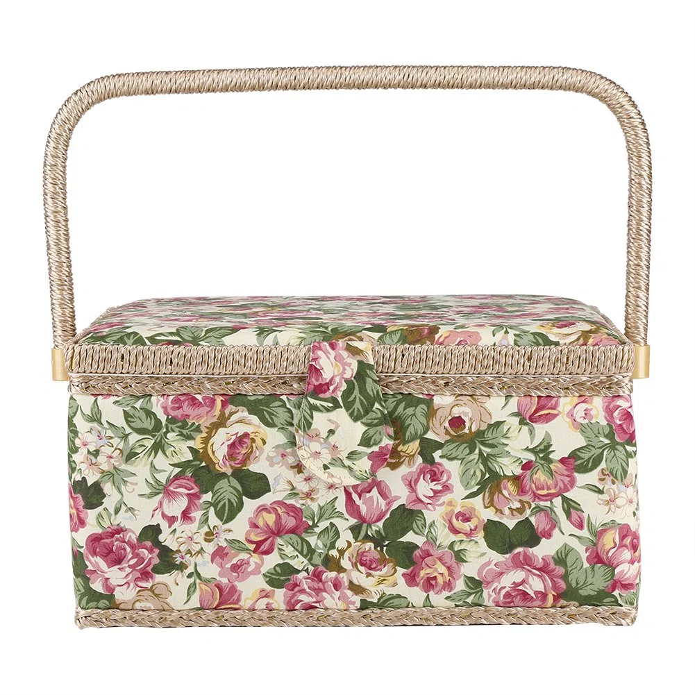 Scatola da cucito cestino da cucito, motivo floreale a rosa, cestino da cucito stampato con manico ergonomico per organizzatore domestico, 30,5 x 23,1 x 15,5 cm