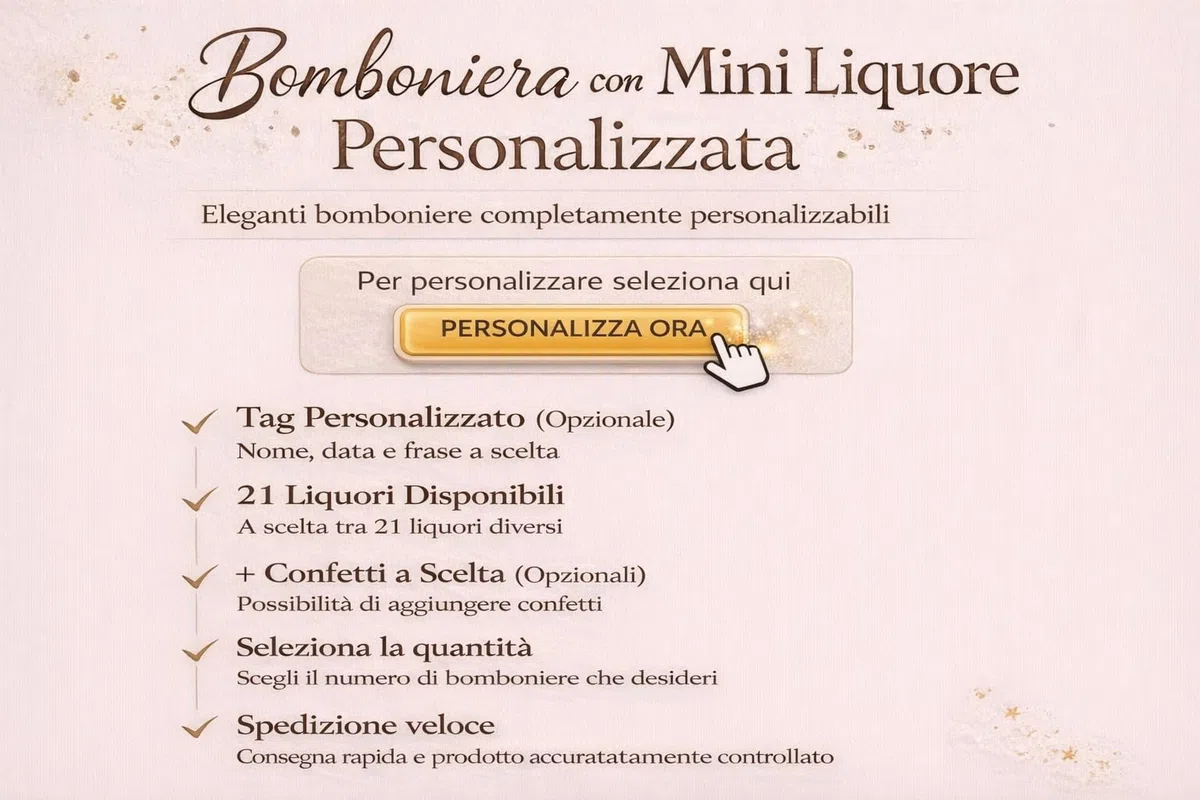 Bomboniera con mini liquore - A scelta aggiunta di confetti - Set da 5 pz- Idea regalo per Matrimonio, Compleanno, Anniversario, Laurea, Pensione - Con possibilità di tag personalizzato