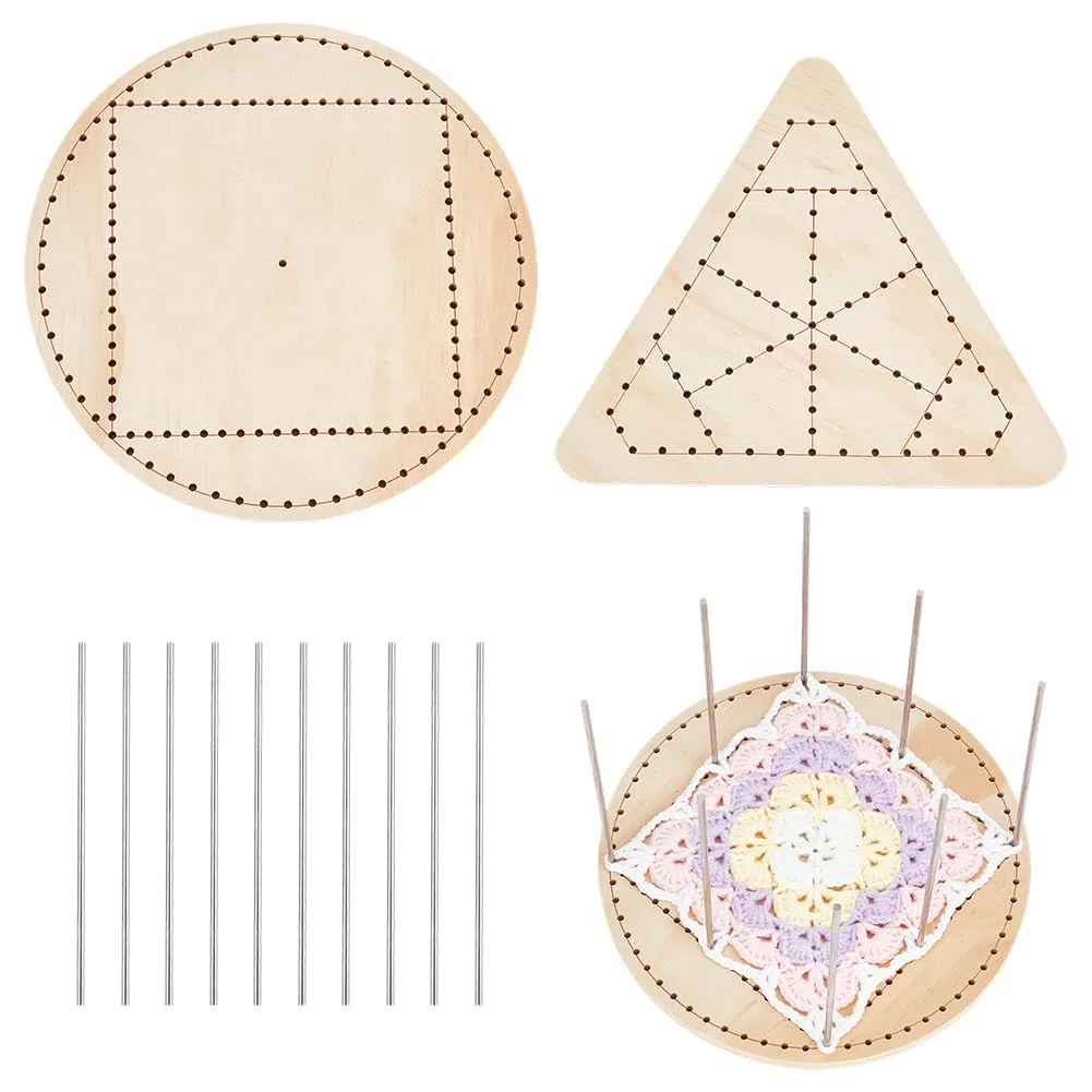 PH PandaHall Telaio per Tessitura In Legno 2 Stili Telaio per Pizzi con 10 Aste In Acciaio Inox 304 Tavolo per Uncinetto Triangolare Tagliere per Uncinetti Rotondo per Artigianali Cucito A Maglia