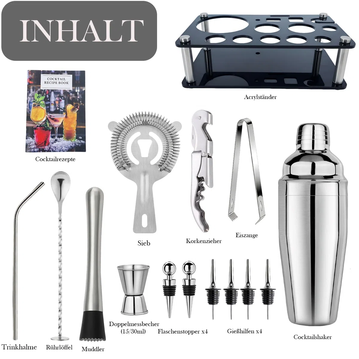 Set shaker per cocktail, kit da barman in acciaio inox con schede di ricette e accessori, ideale per casa, bar e feste (15 pezzi)