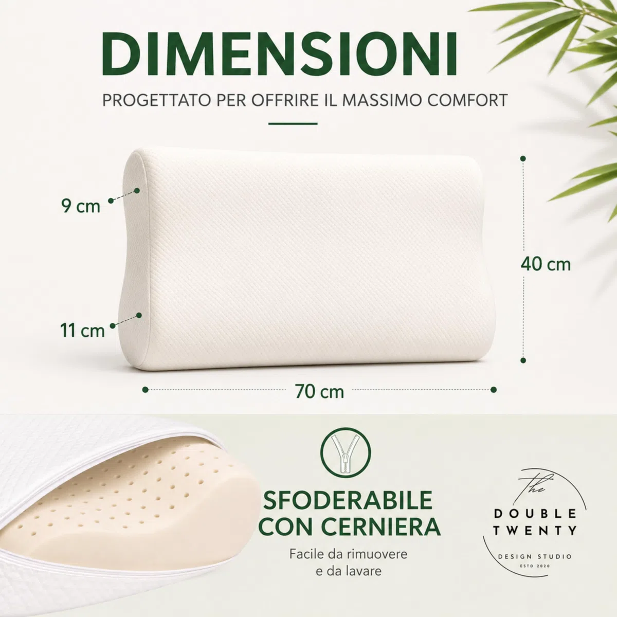 The Double Twenty - Cuscino Cervicale per Dormire a Doppia Onda Elevato Supporto Collo - Guanciale Memory Foam Federa Lavabile in Bamboo - Cuscino Memory Foam Made in Italy Certificato Oeko Tex