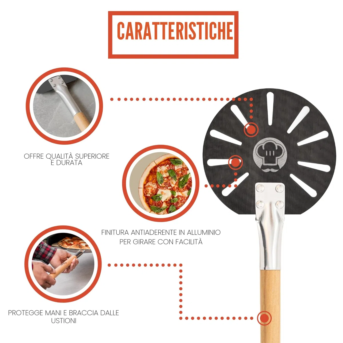 Chef Pomodoro Pala per pizza girevole da in alluminio con manico staccabile in legno, pala per pizza gourmet per pane e pizza (17,8 cm)