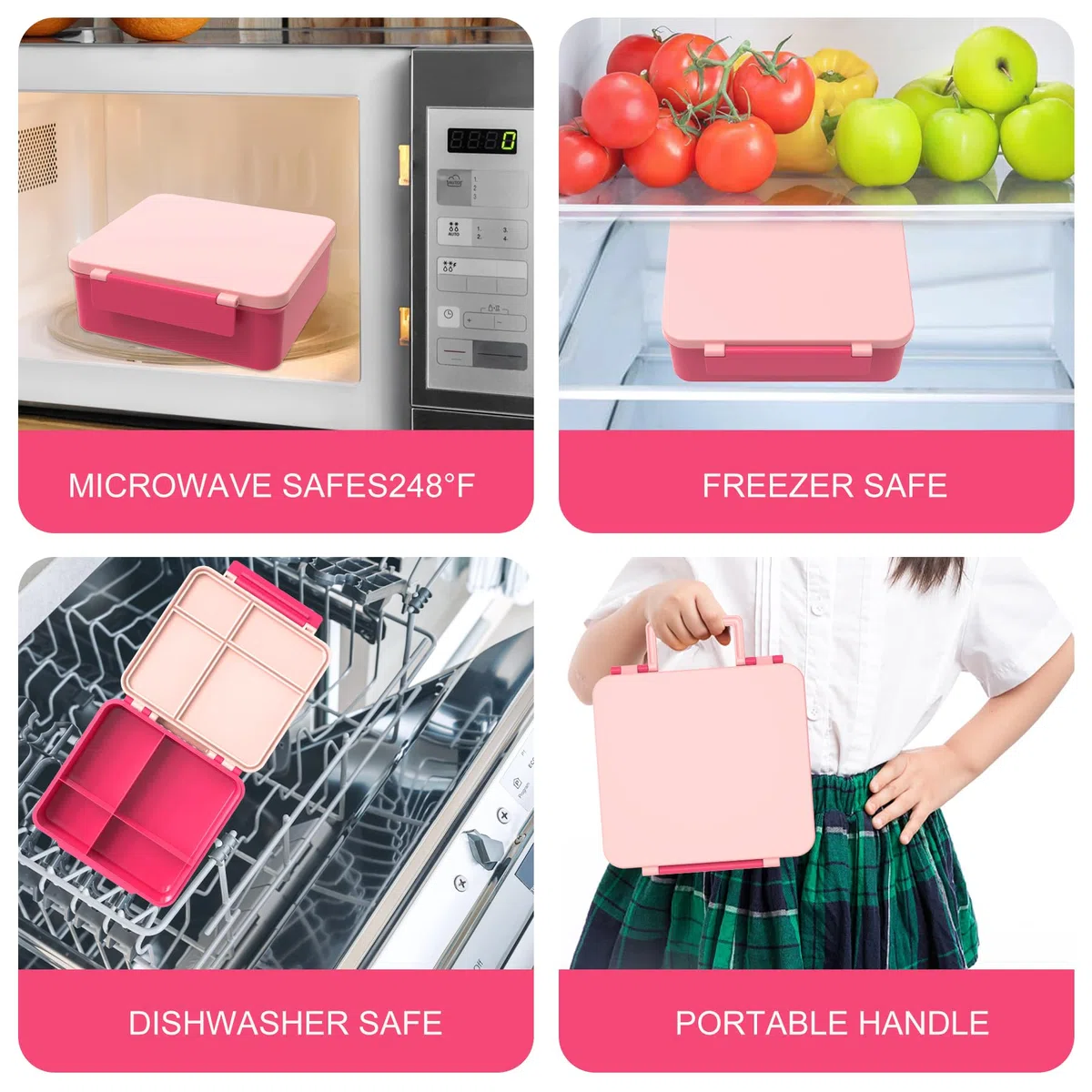 Itslife Set pranzo per bambini con contenitore termico da 300 ml, a prova di perdite, contenitore per il pranzo per bambini con 4 scomparti, borsa termica senza BPA, per bambini, scuola, gite (rosa)