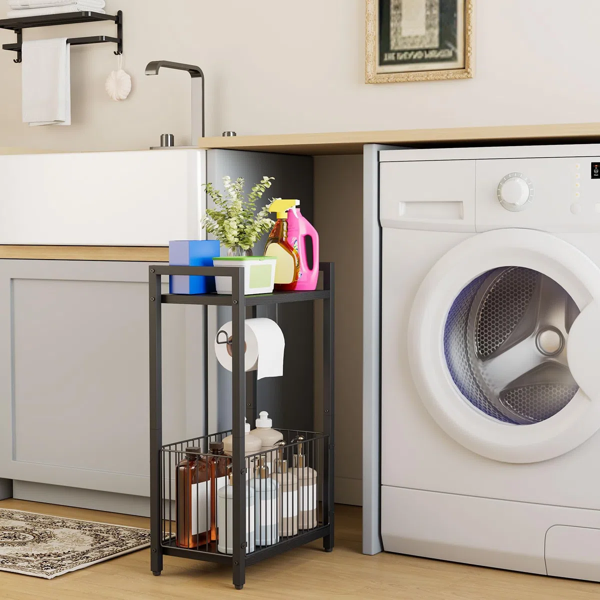 IBUYKE Portarotolo da bagno autoportante con ripiano portaoggetti, porta carta igienica con spazio extra per rotoli, riviste, salviettine umidificate Nero TLJ020B