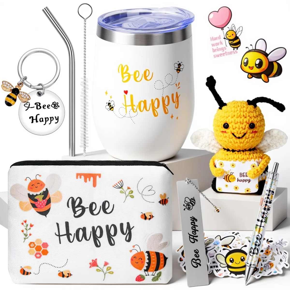 SelfTek Regali con ape per donne - Set regalo ape miele include bicchiere in acciaio inossidabile da 355 ml, ape all'uncinetto, borsa cosmetica, portachiavi, segnalibro, adesivi per regalo di