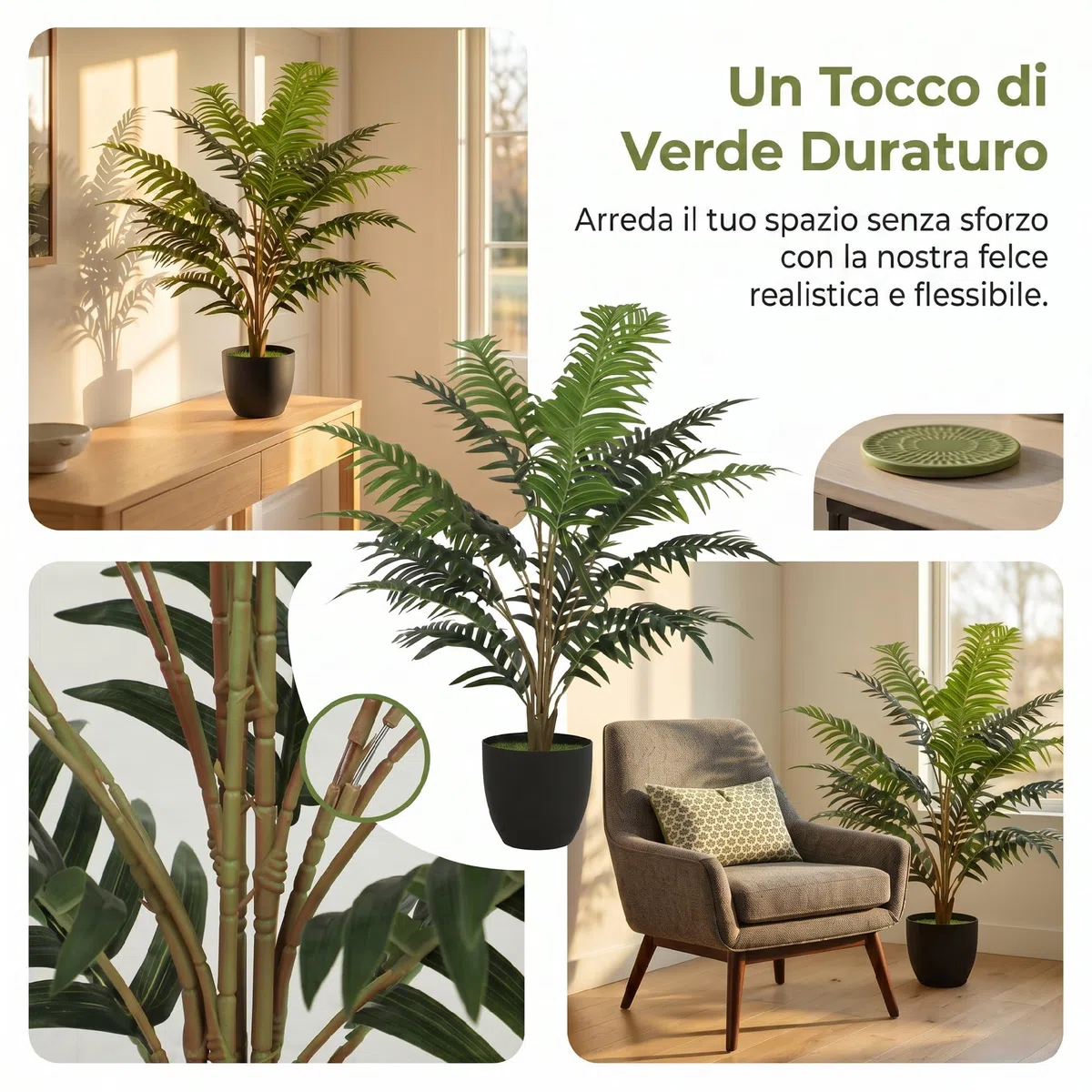HOMCOM Pianta Artificiale di Felce con 20 Foglie in PEVA, Pianta Finta con Rami Piegabili, Vaso Nero in PP Riempito in Cemento, Decorazione per Soggiorno, Ingresso, Patio, 120x90x90 cm, Verde