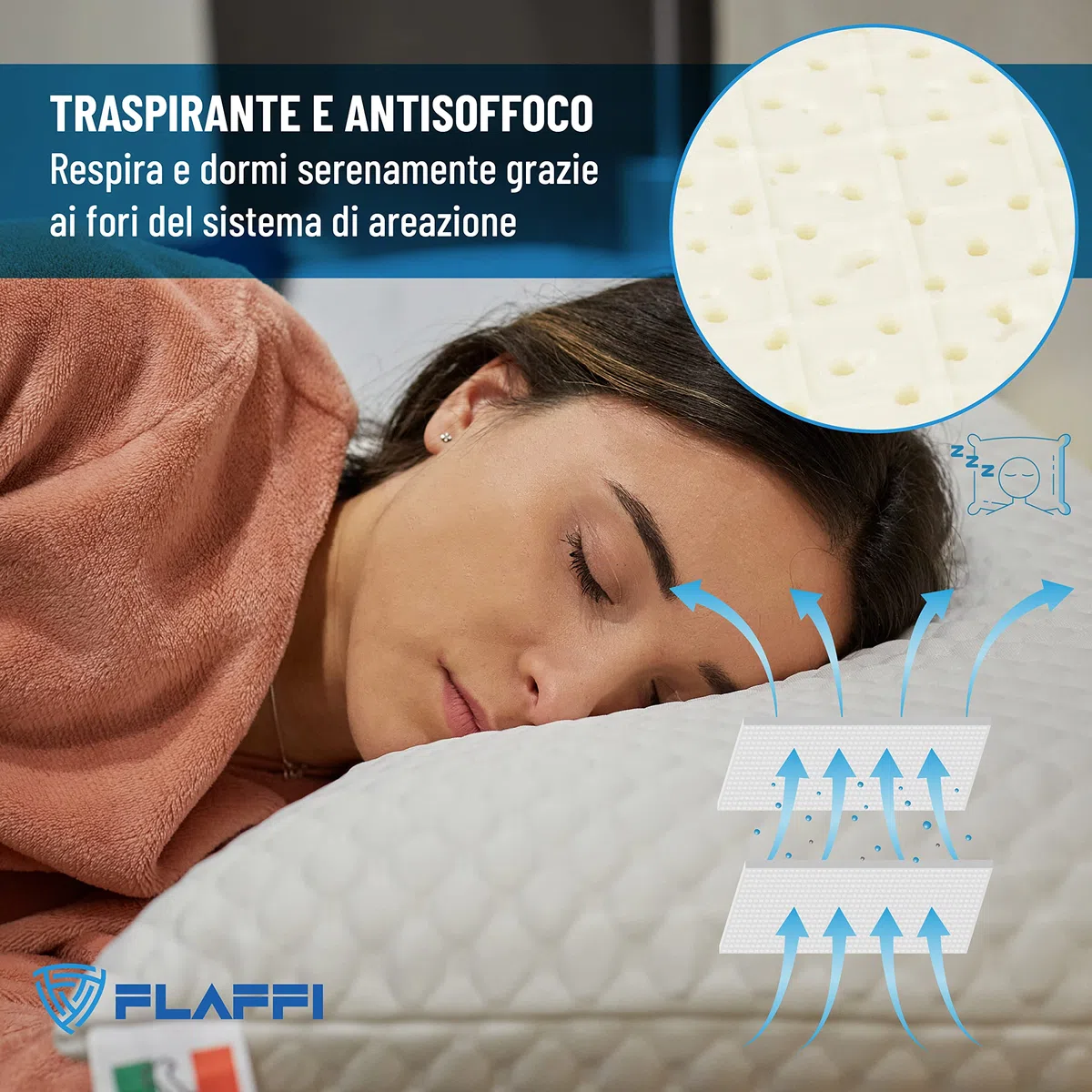 Flaffi Cuscino Letto Memory Foam - Guanciale Antisoffoco e Federa Antiacaro, Made in Italy, 70x40x13