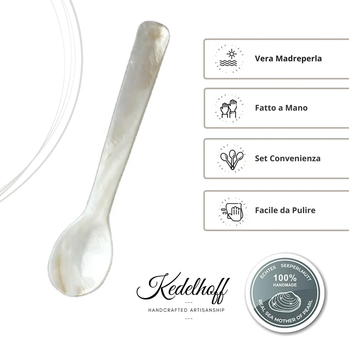 Cucchiaio in Vera Madreperla, Con Caviale, Realizzato a Mano, Cucchiaio per Uovo, Madreperla (Naturale), Circa 12 cm, Set da 4 Pezzi