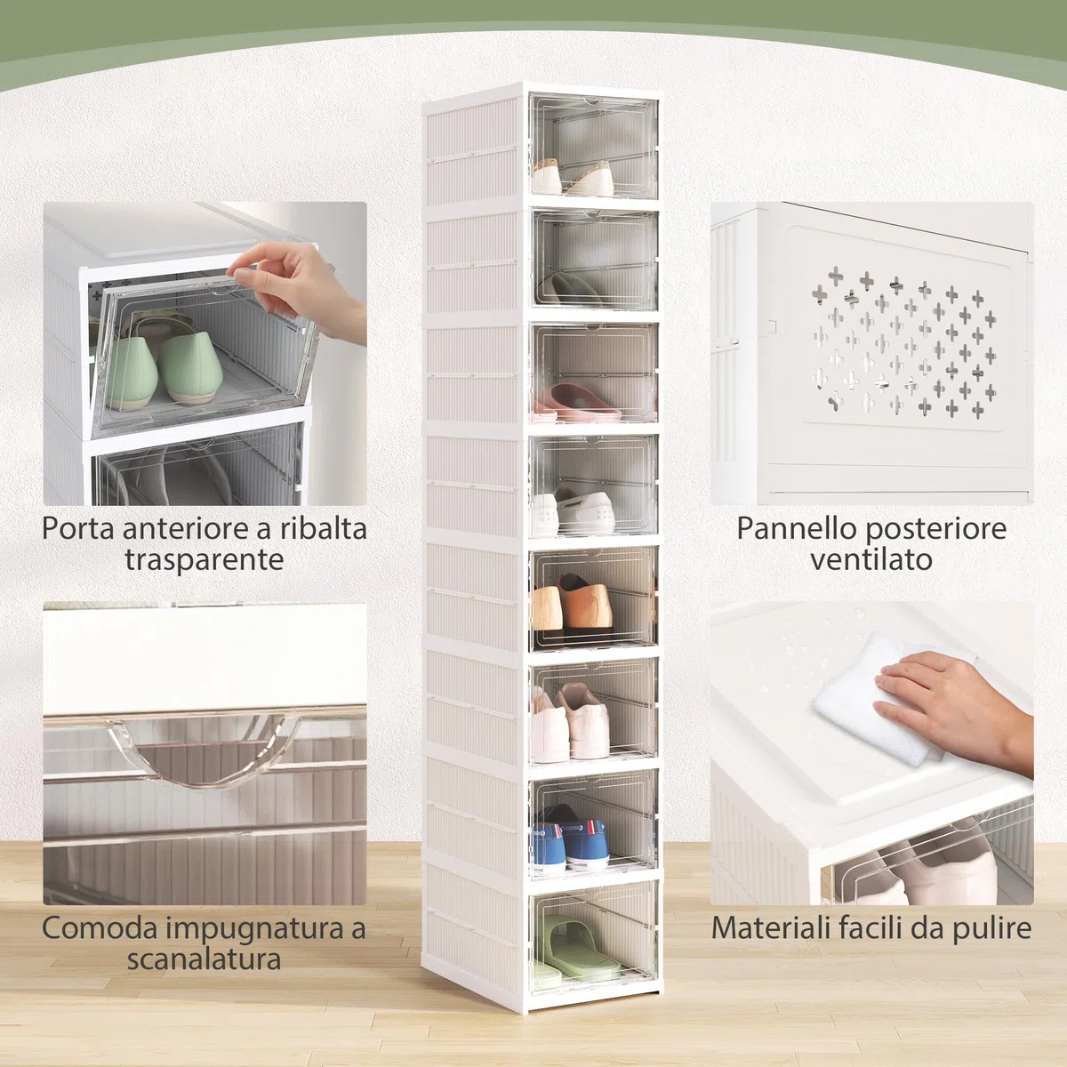 HOMCOM Scarpiera Modulabile con 8 Contenitori per Scarpe Impilabili, Organizer per Scarpe Pieghevole Salvaspazio con Pannello Trasparente, Senza Montaggio, Bianco