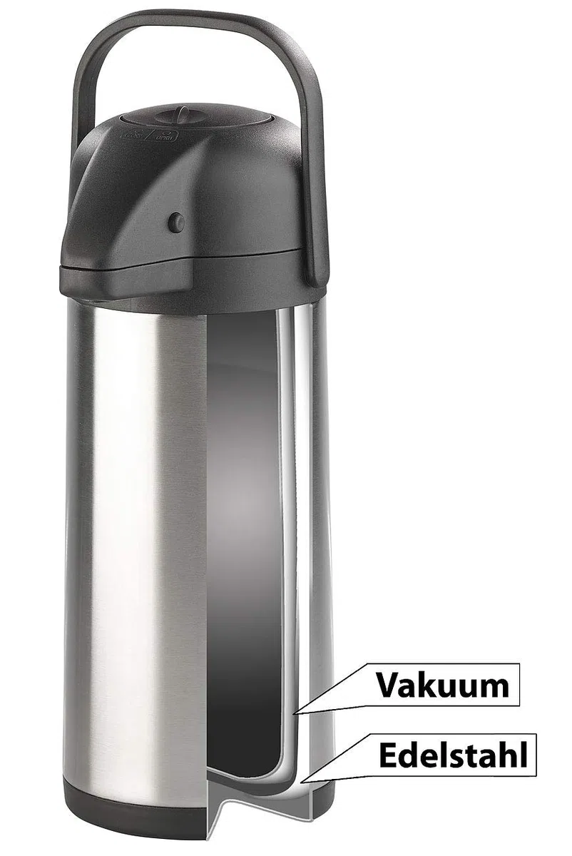 Rosenstein & Söhne Caraffe per bevande calde - canna di pompaggio 3 litri: Doppia parete Bollitore a vuoto, Sistema di pompaggio, acciaio inossidabile, 3 litri (distributore caffè 3)