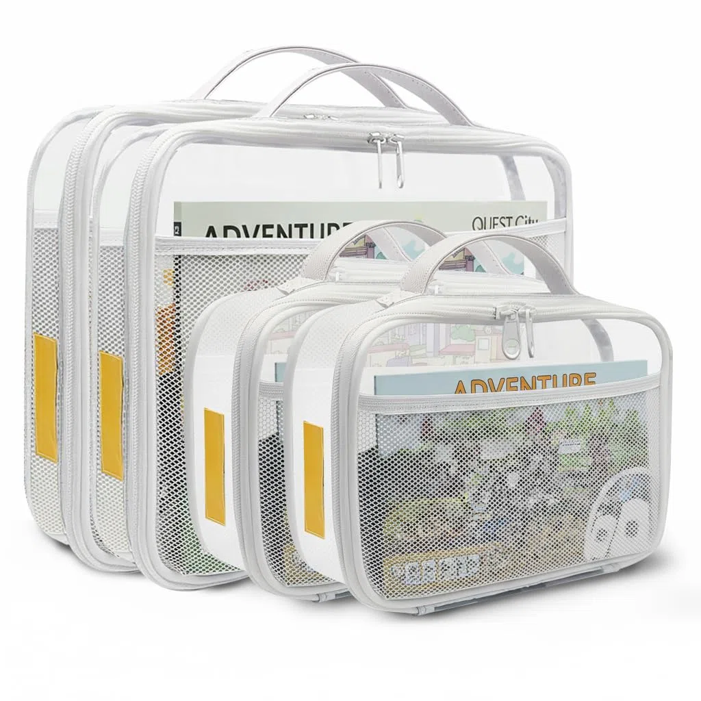 holay Set da 4 Buste Organizer PVC per Giocattoli con Cerniera, Targhetta Nome & Tasca Manuale, Custodia Trasparente per Mattoncini, Plastilina, Giochi da Tavolo, Viaggio (Grigio, Piccolo, Grande)
