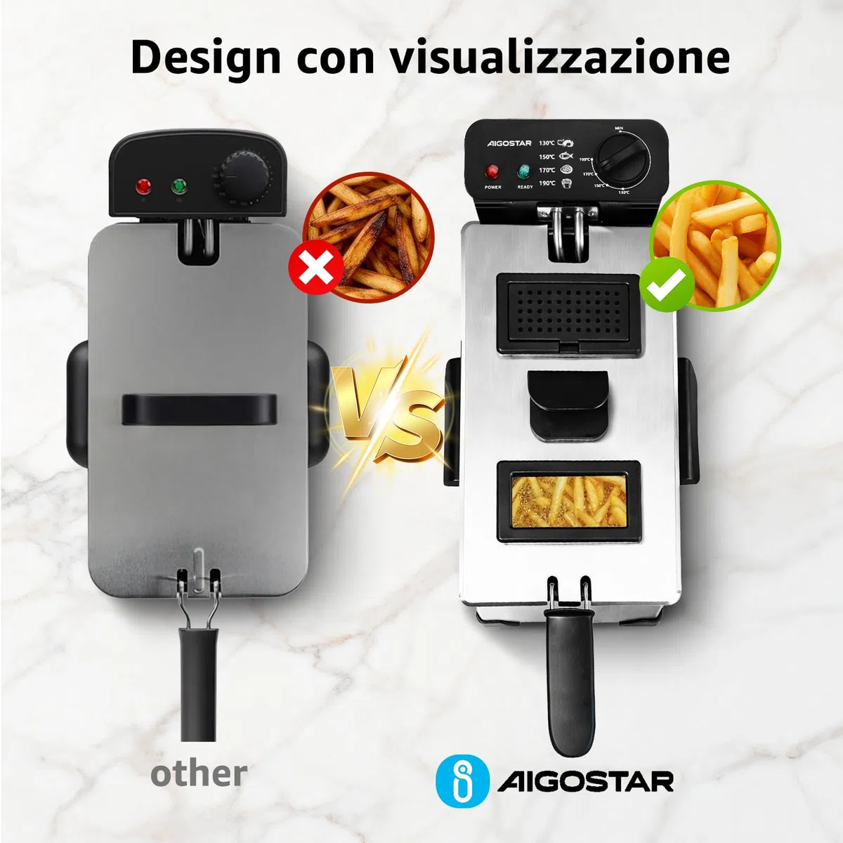 Aigostar Friggitrice 2200Watts, Capacità 3 Litri con Finestra, Controllo di Temperatura, Ciotola d'Olio Removibile