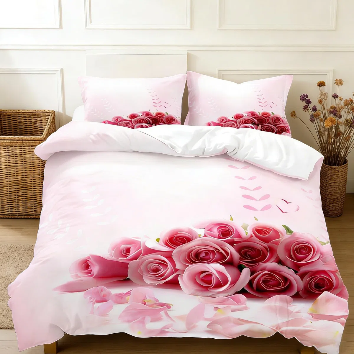 Set Copripiumino 3 Pezzi con Motivo Rose 3D, Biancheria da Letto con Fiori Rossi e Cuori, Romantico per Adulti (A, 220 x 240 cm)