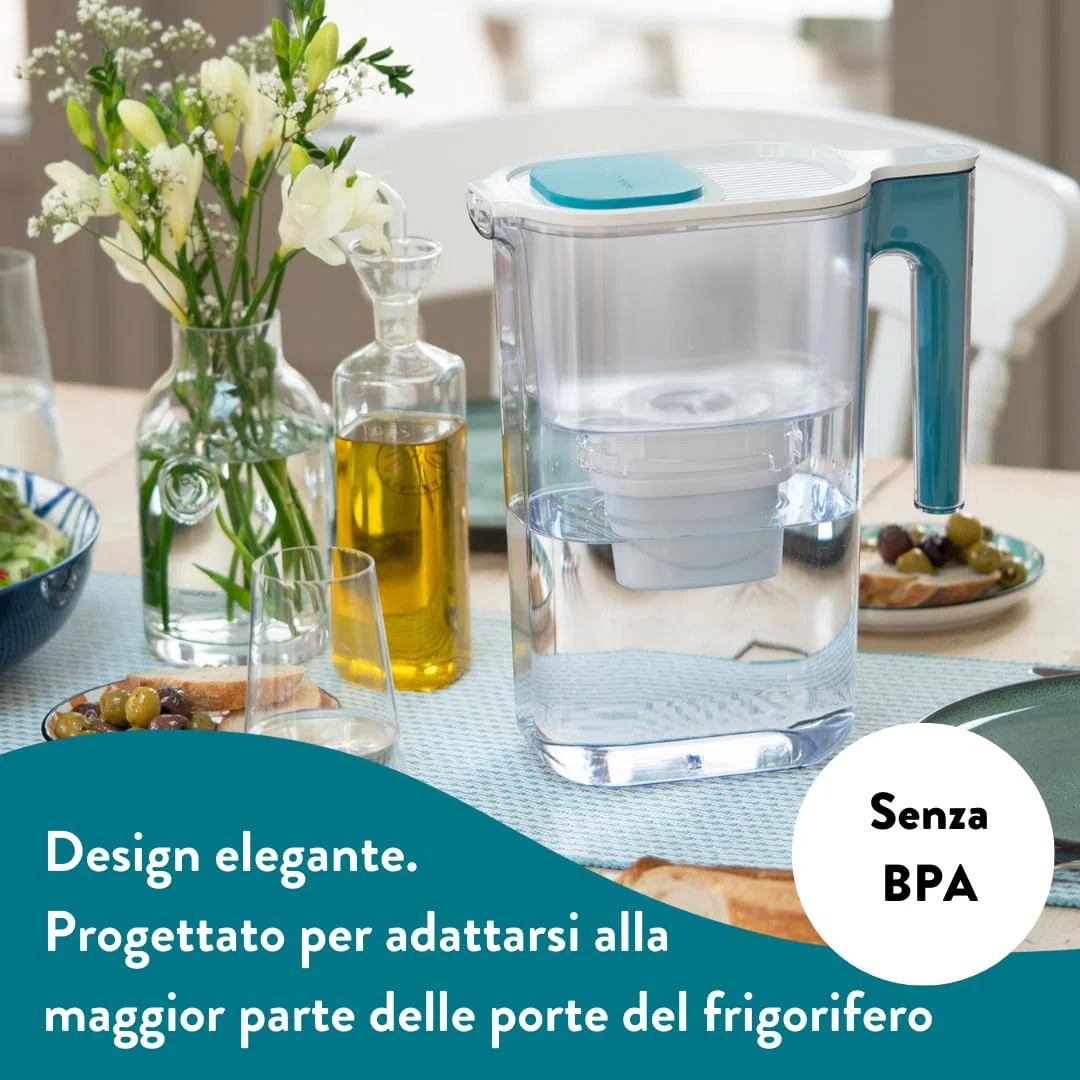 Aqua Optima Perfect Pour Caraffa Filtro Acqua e Cartucce Filtro Acqua 1 x 30 Giorni Evolve+, capacità 3,6 litri, per Riduzione di Microplastiche, Cloro, Calcare e Impurità, Blu