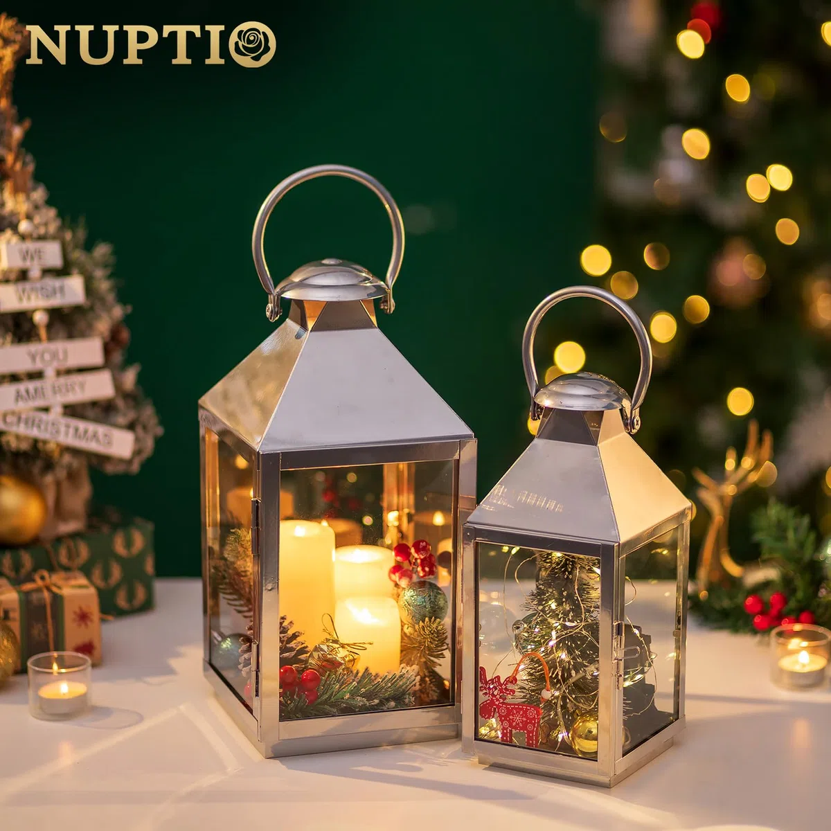 NUPTIO Lanterna Cimitero 28cm: Candela Esterna in Metallo Argento, Urna Tomba Resistente Alle Intemperie, Luce Grande per Giardino Interno ed Esterno