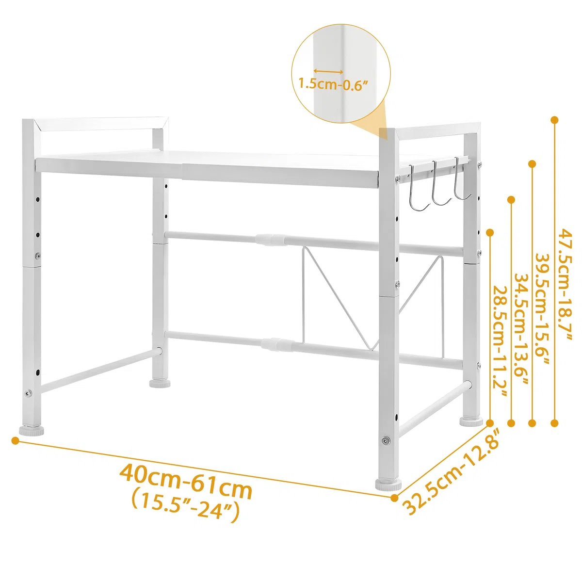 IBVIVIC 2 livelli, supporto estensibile in metallo, forno a microonde, supporto per scaffale per forno a microonde, altezza e larghezza regolabile, con 3 ganci per il posto per lo stoccaggio della