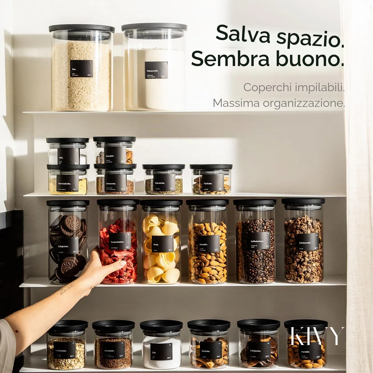 KIVY Barattoli in Vetro Ermetici [3x 1200ml] - Contenitori per Pasta e Spaghetti - Barattolo Grande per Cucina