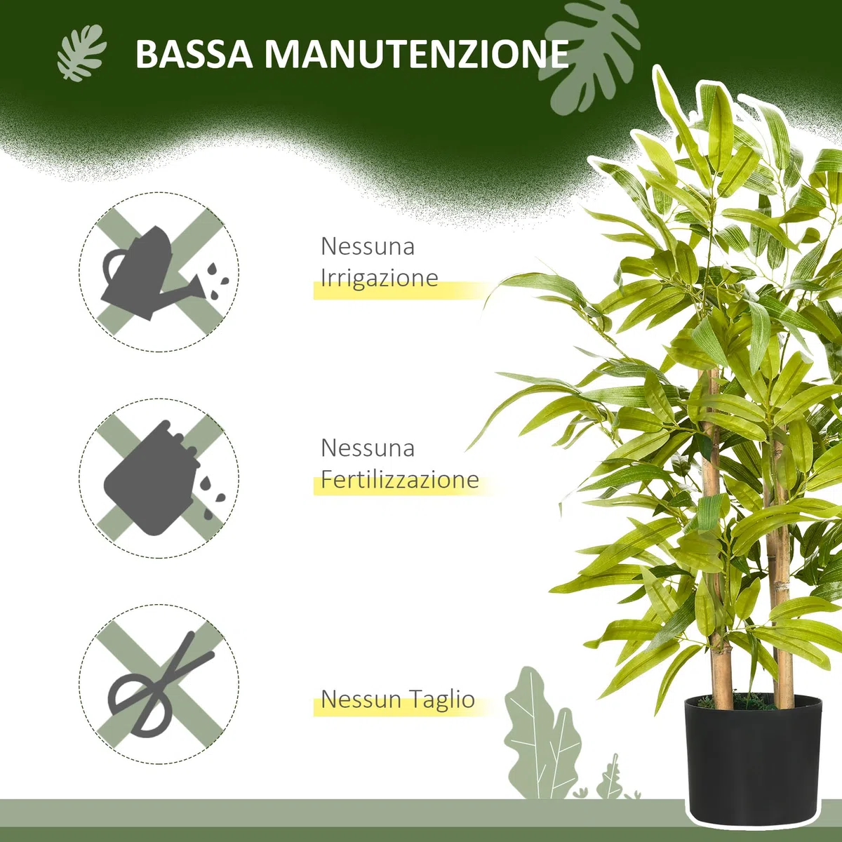 HOMCOM Pianta di Bambu Artificiale Alta 60 cm con Vaso in Cemento, Ø15x12.5 cm Pianta Finta in Poliestere e PP, Verde