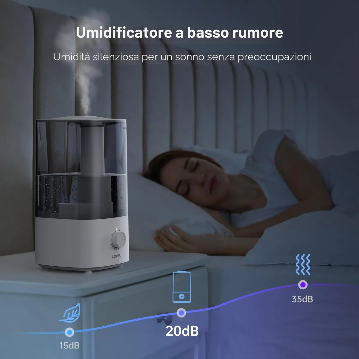 CONOPU Umidificatore, 4 l, umidificatore per camera da letto, camera da letto, camera dei bambini, 300 ml/h, bianco