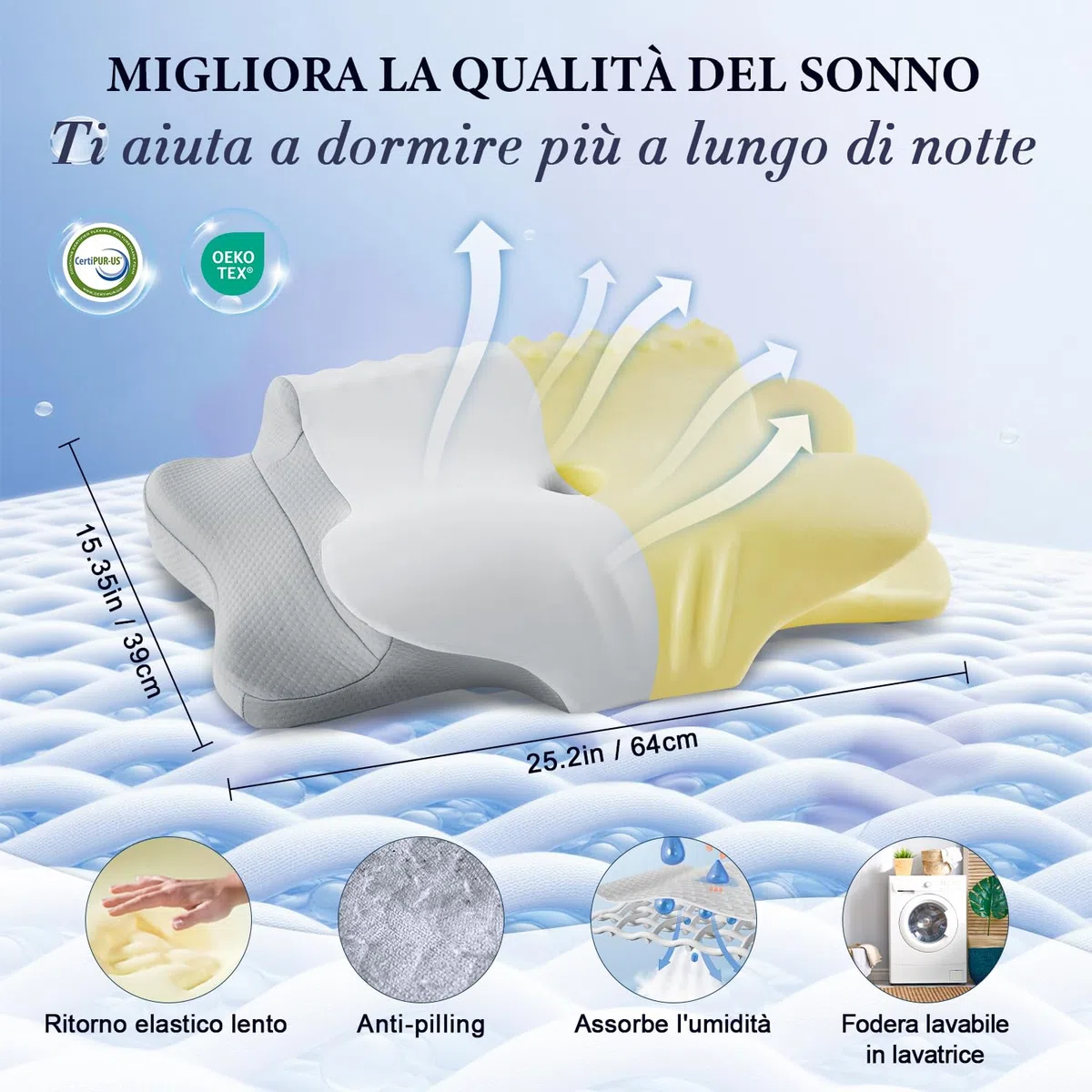 Cuscino Cervicale Memory Foam, Cuscino Ortopedico per Dormire con Supporto per Collo e Spalle, Doppia Altezza 10/13 cm, Federa Traspirante Sfoderabile Lavabile, 64x39 cm, Grigio Chiaro