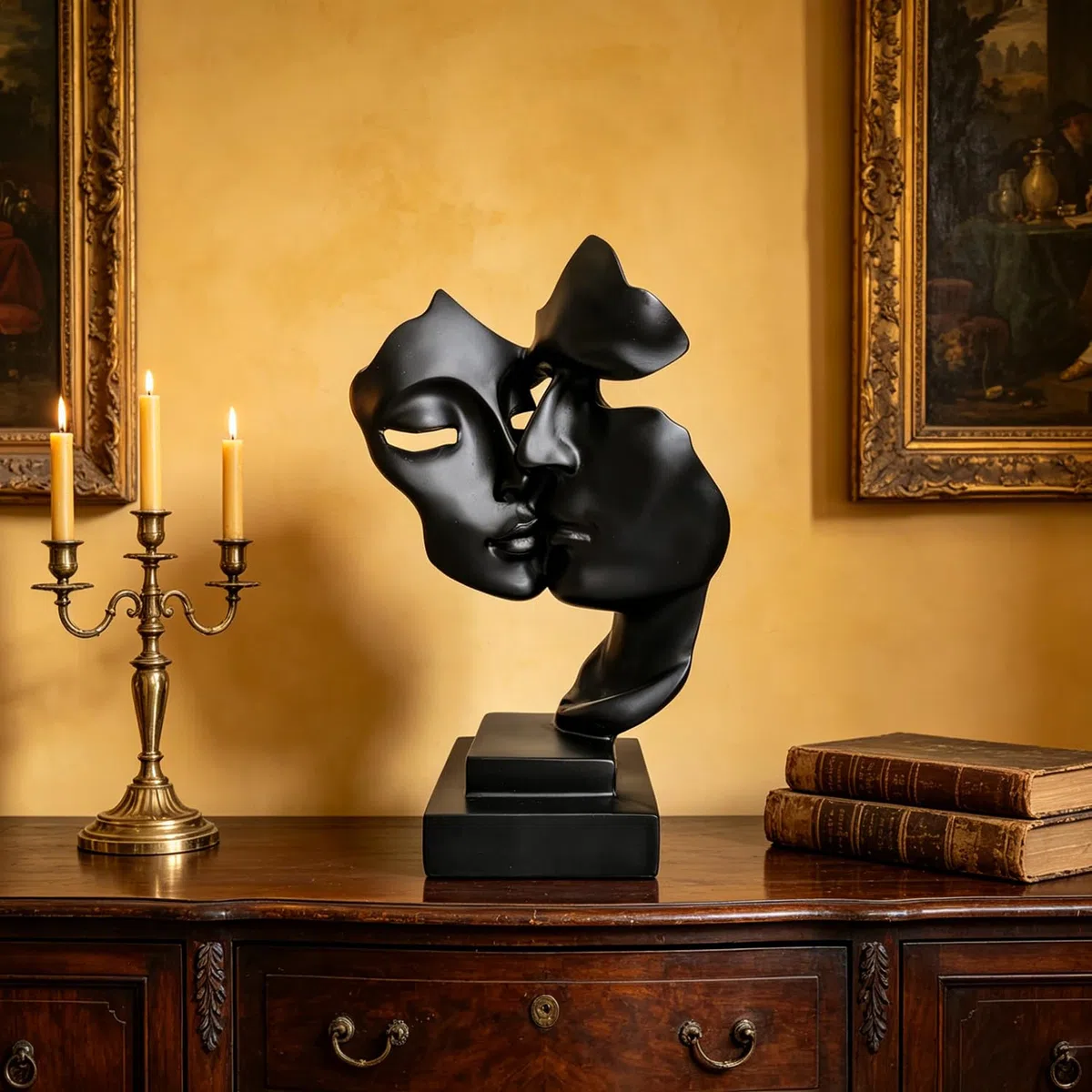 Maschera di Coppia,Statue Decorative,Decorazioni per Ufficio,Figure Decorative, Statuette Decorative Casa, Soggiorno Decorativo Moderno da Appoggiare, Scultura Astratta in Poliresina(Nero)